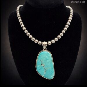 Large Sterling Silver Turquoise Pendant 925 Statement Southwest Natural Stone